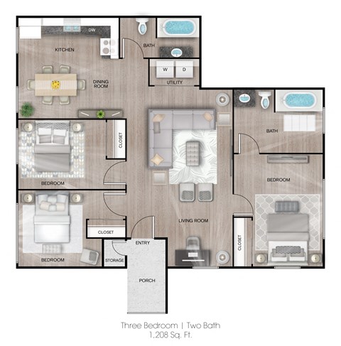 Floor plan for 3 beds, 2 baths, 1208 sqft